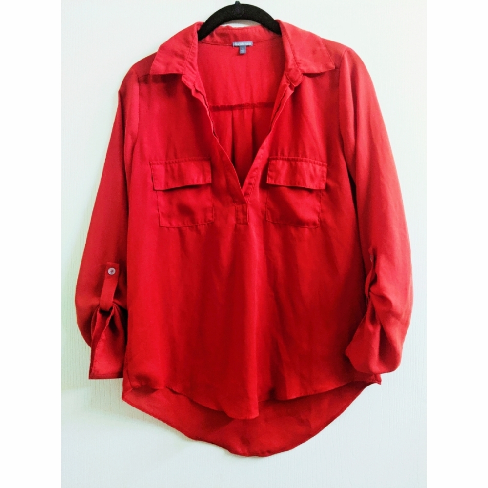 Charlotte Russe Red Half Button Down Sheer Blouse